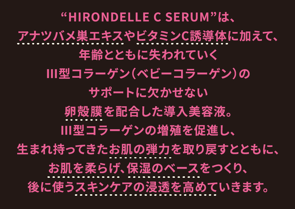 “HIRONDELLE C SERUM”は、アナツバメ巣エキスやビタミンC誘導体に加えて、年齢とともに失われていくⅢ型コラーゲン（ベビーコラーゲン）のサポートに欠かせない卵殻膜を配合した導入美容液。Ⅲ型コラーゲンの増殖を促進し、生まれ持ってきたお肌の弾力を取り戻すとともに、お肌を柔らげ、保湿のベースをつくり、後に使うスキンケアの浸透を高めていきます。